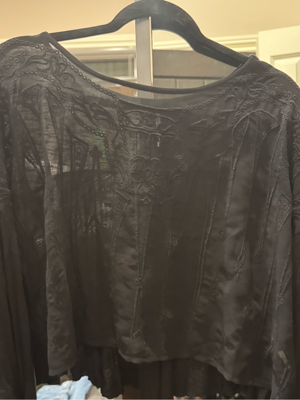 Free People Boho Black Sheer Embroidered Peasant Blouse